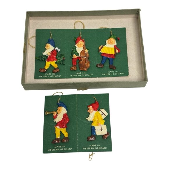 5 Vintage Hand Painted Western Germany Dwarfs Christmas Ornaments W/ Green Tags - Picture 1 of 5